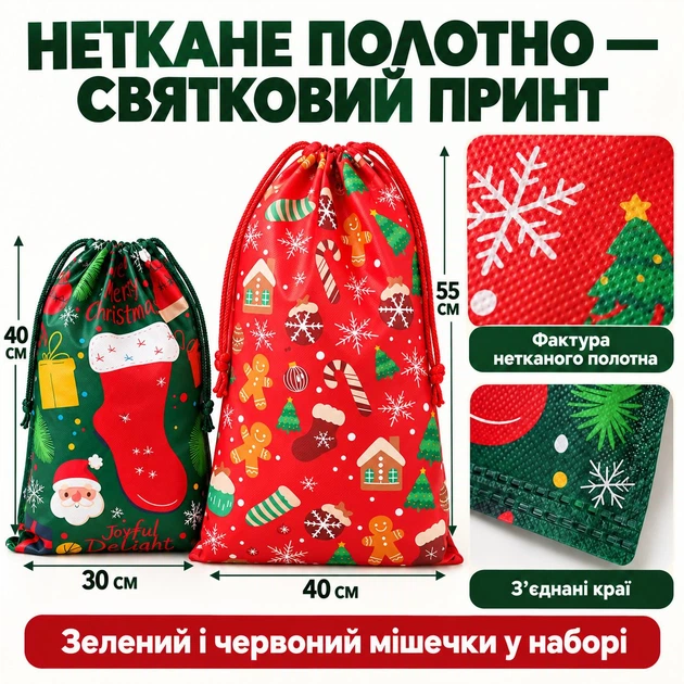 Новогодние мешочки для подарков на завязках, набор 2 шт: 40×55 см и 30×40 см, зеленый и красный, нетканый материал, рождественская праздничная упаковка с принтом Санта Клаус, пряники, елки - Фото 4 Новогодние мешочки для подарков на завязках, набор 2 шт: 40×55 см и 30×40 см, зеленый и красный, нетканый материал, рождественская праздничная упаковка с принтом Санта Клаус, пряники, елки - изображение 4