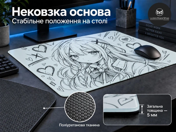 Скляний килимок для миші WorkPlaceShop AnimeGirl білий 400x400x5 мм (WPS-GL-AG-400x400) - изображение 5