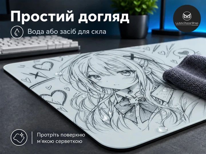 Скляний килимок для миші WorkPlaceShop AnimeGirl білий 400x400x5 мм (WPS-GL-AG-400x400) - изображение 6