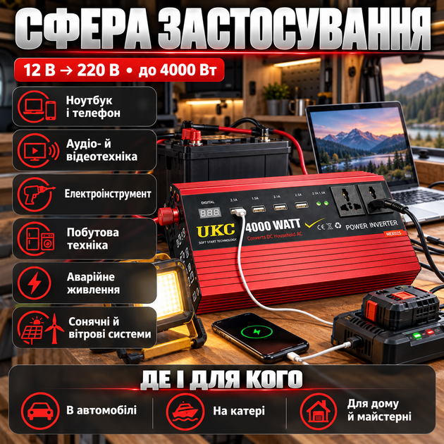 Автомобільний перетворювач напруги 4000 Вт інвертор 12 на 220 модифікована синусоїда алюмінієвий корпус вентилятор охолодження для електроінструменту побутової техніки катера сонячних панелей - Фото 3 Автомобільний перетворювач напруги 4000 Вт інвертор 12 на 220 модифікована синусоїда алюмінієвий корпус вентилятор охолодження для електроінструменту побутової техніки катера сонячних панелей - зображення 3