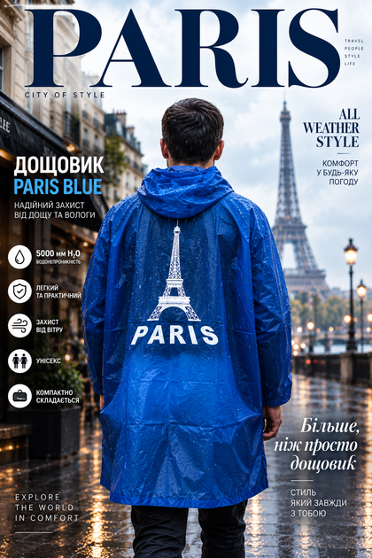 Щовик Paris Blue з капюшоном водонепроникний 5000 мм H₂O, синій вологозахисний плащ, розмір L - зображення 8