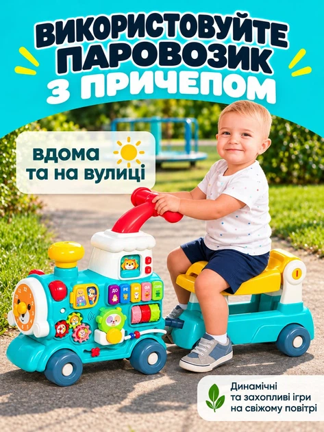 Дитячі ходунки-каталка 5-в-1 Baby Walker Train з парогенератором і піаніно - изображение 5