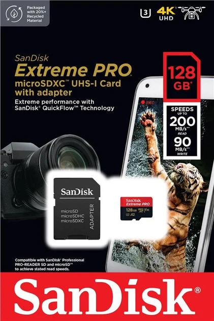 Карта памяти microSD SanDisk Extreme Pro 128GB UHS-I U3 A2 V30 R200/W90MB/s - изображение 2