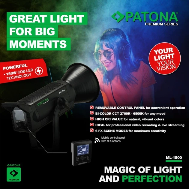 Студійне світлодіодне світло PATONA Premium ML-1500 Bi-Color COB 150W 60000 Lux / 1 m Bowens (4055655253222) - Фото 7 Студійне світлодіодне світло PATONA Premium ML-1500 Bi-Color COB 150W 60000 Lux / 1 m Bowens (4055655253222) - зображення 7