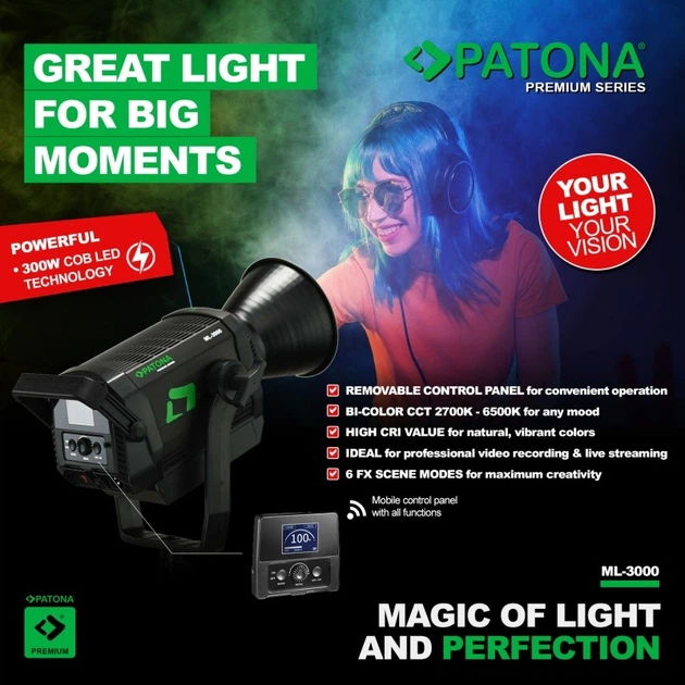 Студійне світлодіодне світло PATONA Premium ML-3000 Bi-Color COB 300W 100000 Lux / 1m Bowens (4055655253239) - Фото 12 Студійне світлодіодне світло PATONA Premium ML-3000 Bi-Color COB 300W 100000 Lux / 1m Bowens (4055655253239) - зображення 12