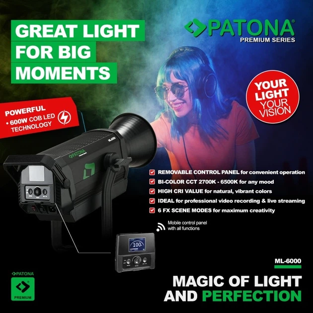 Студійне світлодіодне світло PATONA Premium ML-6000 Bi-Color COB 600W 150000 Lux / 1 m Bowens (4055655253246) - Фото 9 Студійне світлодіодне світло PATONA Premium ML-6000 Bi-Color COB 600W 150000 Lux / 1 m Bowens (4055655253246) - зображення 9