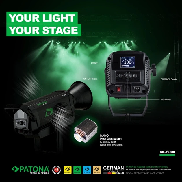 Студійне світлодіодне світло PATONA Premium ML-6000 Bi-Color COB 600W 150000 Lux / 1 m Bowens (4055655253246) - Фото 11 Студійне світлодіодне світло PATONA Premium ML-6000 Bi-Color COB 600W 150000 Lux / 1 m Bowens (4055655253246) - зображення 11