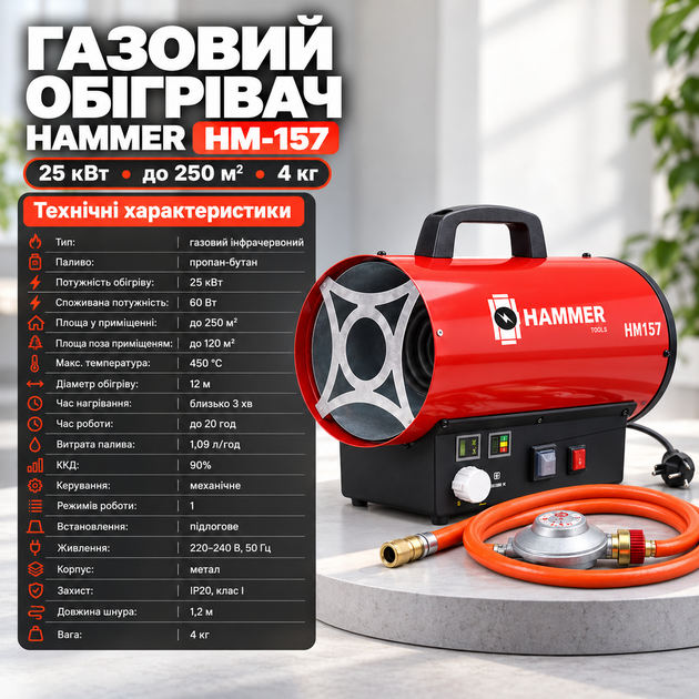 Газовая пушка Hammer 25 кВт газовая тепловая пушка с вентилятором напольная на пропан бутан до 250 м2 защита от перегрева механическое управление до 20 часов работы 4 кг для гаража мастерской склада дачи - изображение 2