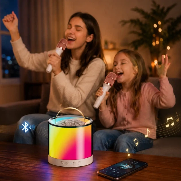Караоке колонка портативная беспроводная Bluetooth акустическая система 5 Вт с двумя микрофонами RGB LED подсветкой для дома вечеринок детских праздников смартфона - изображение 4
