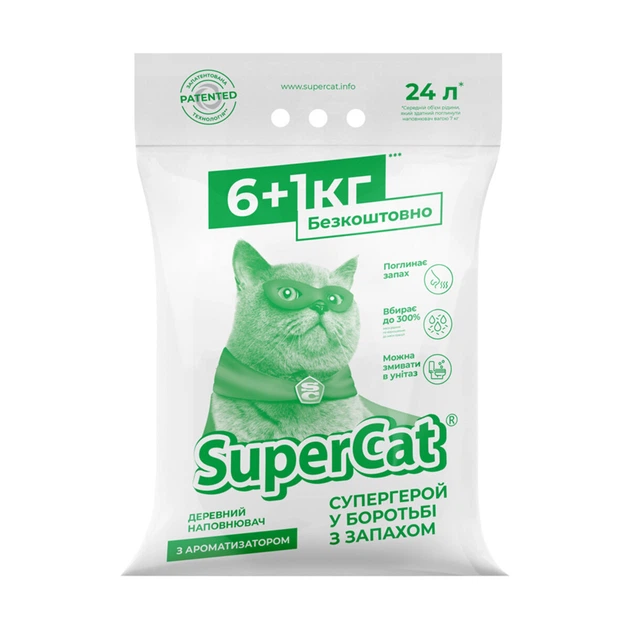 Древесный впитывающий наполнитель для кошачьего туалета Super Cat с ароматизатором 6+1 кг 12 л (3552) - Фото 1 Древесный впитывающий наполнитель для кошачьего туалета Super Cat с ароматизатором 6+1 кг 12 л (3552) - изображение 1