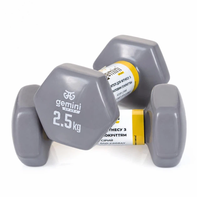 Гантелі Gemini Sport для фітнесу з вініловим покриттям 2шт по 2.5кг сірі GSD-2.5GRAY - изображение 2