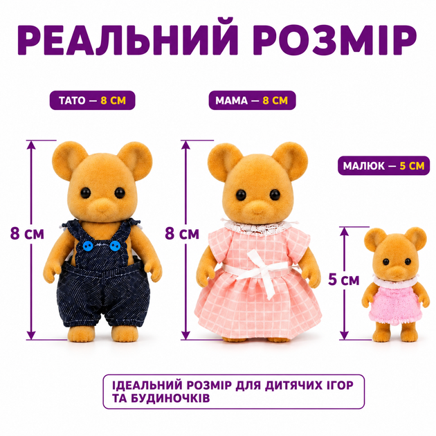Набір фігурок мишенят H11-1 сім'я мишенят 3 флокові тваринки, рухомі, 5–8 см - зображення 8