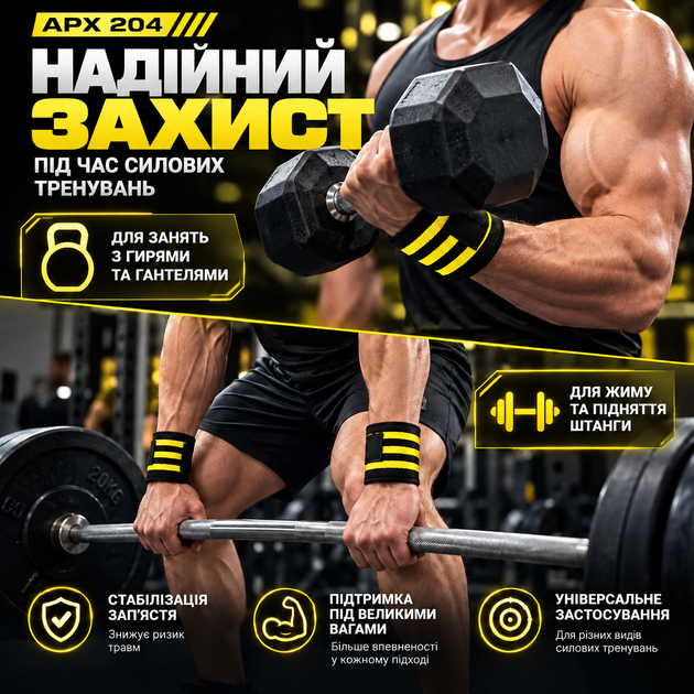 Бинти для фіксації зап'ястя APX 204, жовті, для силових тренувань, пари (2 шт.) - зображення 6