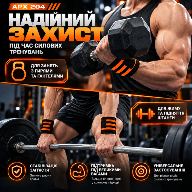 Бинти для фіксації зап'ястя APX 204, жовтогарячі, для силових тренувань, пари (2 шт.) - зображення 6