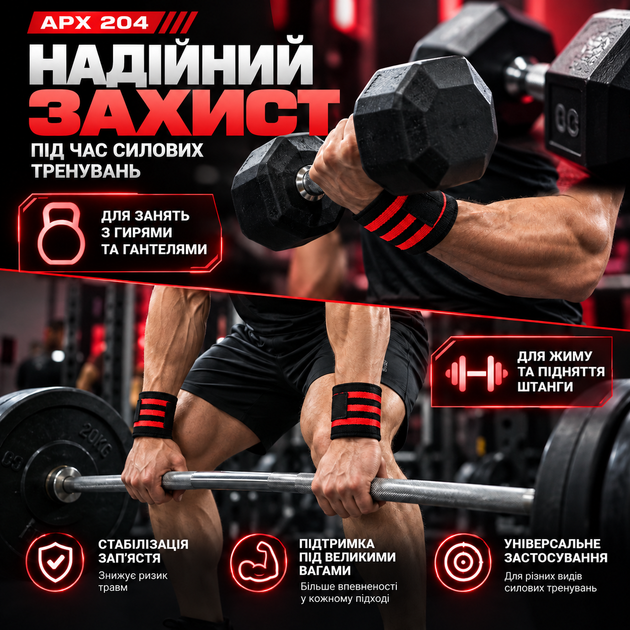Бинти для фіксації зап'ястя APX 204, червоні, для силових тренувань, пара (2 шт.) - зображення 5