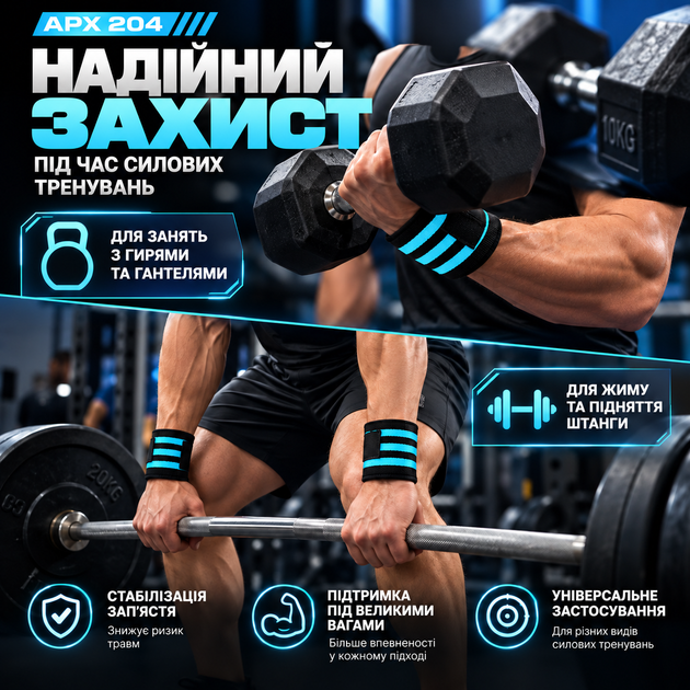 Бинты для фиксации запястья APX 204, голубые, для силовых тренировок, пара (2 шт.) - изображение 6
