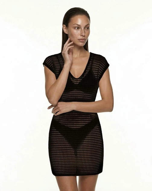 Пляжна в'язана туніка міні Mila Ricco Ibiza Чорний XL - зображення 5