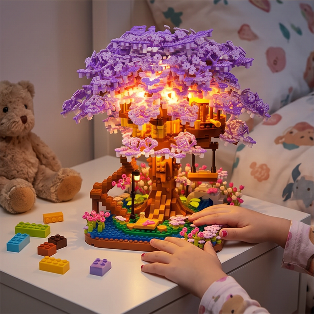 Конструктор Домик на дереве Цветущая сакура 1080 деталей с LED подсветкой, игровой набор для детей Сакура Фиолетовый - изображение 3