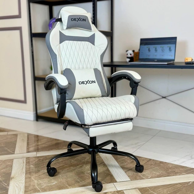 Геймерское кресло DEXON EVI RD-6072 с подставкой для ног, из экокожи, металлическая крестовина, Белый - Фото 2 Геймерское кресло DEXON EVI RD-6072 с подставкой для ног, из экокожи, металлическая крестовина, Белый - изображение 2