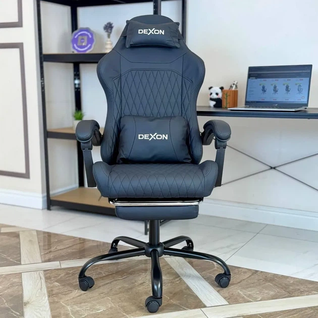 Геймерское кресло DEXON EVI RD-6072 с подставкой для ног, из экокожи, металлическая крестовина, Черный - Фото 3 Геймерское кресло DEXON EVI RD-6072 с подставкой для ног, из экокожи, металлическая крестовина, Черный - изображение 3