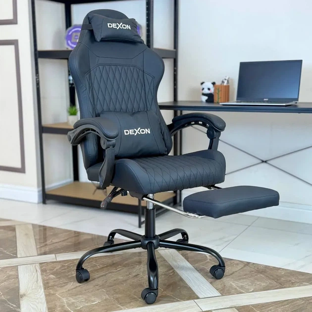 Геймерское кресло DEXON EVI RD-6072 с подставкой для ног, из экокожи, металлическая крестовина, Черный - Фото 4 Геймерское кресло DEXON EVI RD-6072 с подставкой для ног, из экокожи, металлическая крестовина, Черный - изображение 4