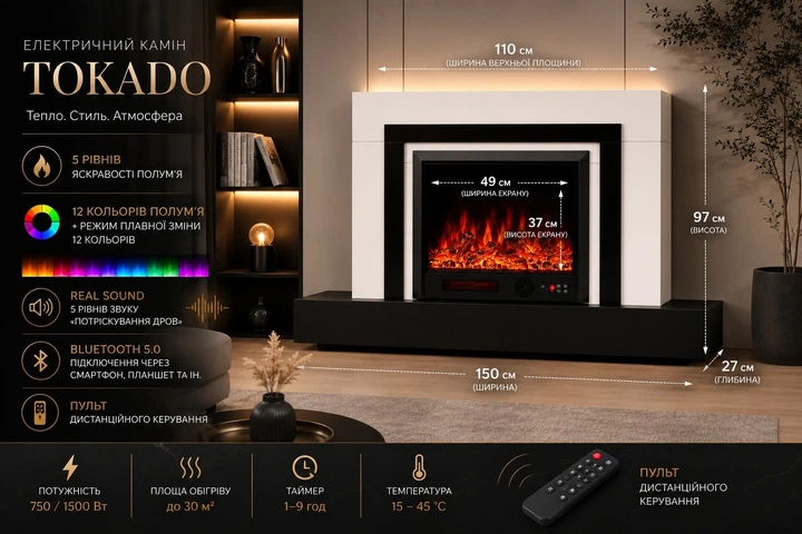Электрический камин Fireplace Craftsman Tokado 1500 Вт с порталом, звук потрескивания дров (10080120) - Фото 4 Электрический камин Fireplace Craftsman Tokado 1500 Вт с порталом, звук потрескивания дров (10080120) - изображение 4