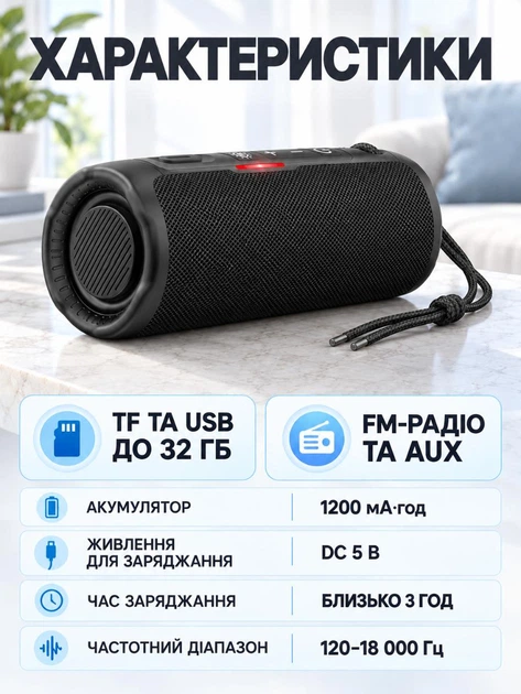 Беспроводная портативная колонка 10 Вт Bluetooth 5.3 с FM-радио USB и влагозащитой IPX4 для ванной и путешествий Черная (37261570) - изображение 7