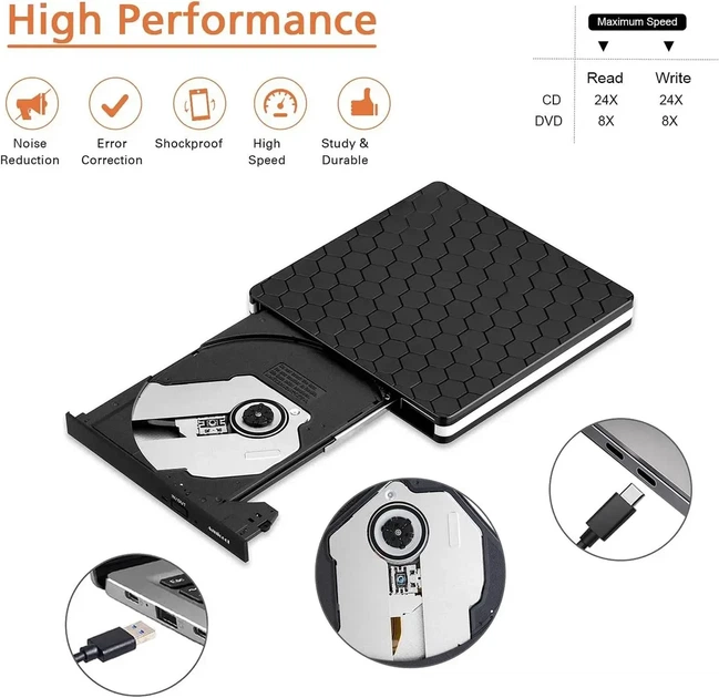 Amicool BT686 - Внешний DVD-привод USB 3.0 + TYPE-C, DVD, CD для ПК, Mac, Ноутбук - изображение 5