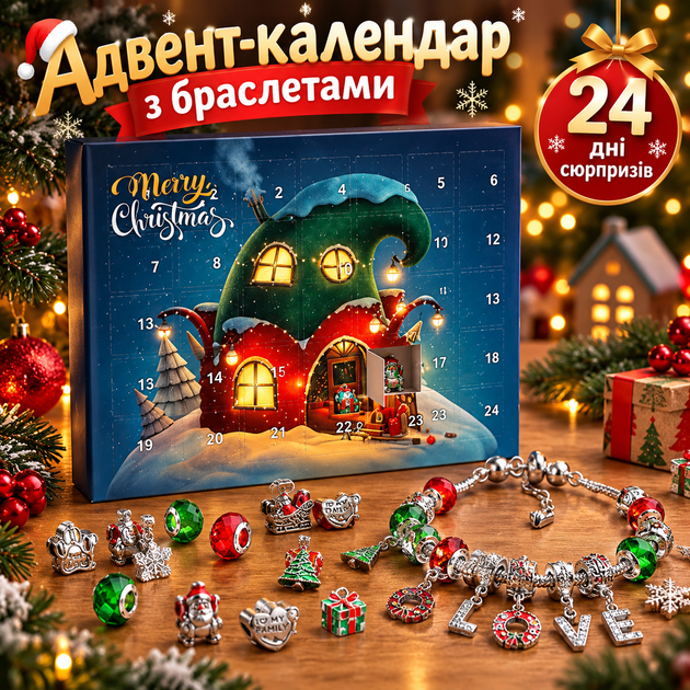 Адвент-календар для створення шарм-браслетів, 22 намистини та 2 браслети, 24 сюрпризи - зображення 3
