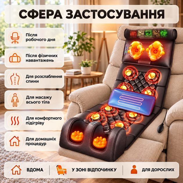 Масажний матрац з підігрівом Moltis масажер для спини електричний масажна накидка вібромасаж шіацу розминання 10 вібромоторів з пультом - зображення 2