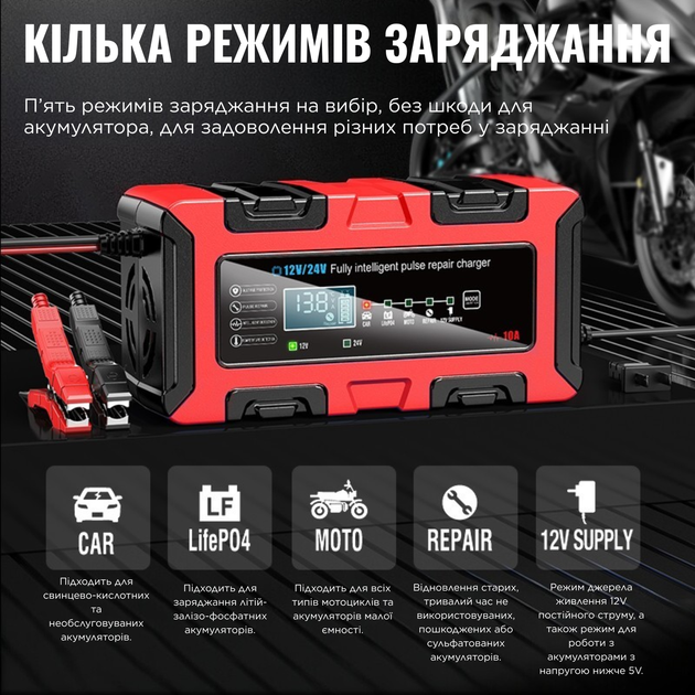 Автоматическое зарядное устройство Foxsur 12V 10A / 24V 5A для аккумуляторов LiFePO4 AGM GEL с функцией восстановления (BC122410F) - изображение 4