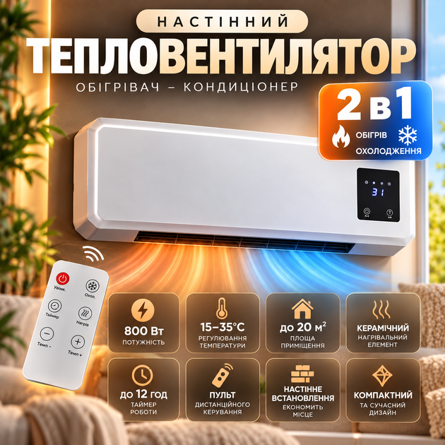 Тепловентилятор настінний керамічний 800 Вт 2 в 1 електричний обігрівач вентилятор для дому та квартири з пультом таймером і терморегулятором - изображение 2