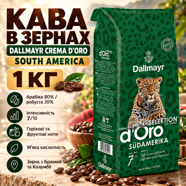 Зернова кава Dallmayr Crema d'Oro South America 1000 г 80 відсотків арабіки 20 робусти інтенсивність 7 з 10 горіхові фруктові квіткові ноти - Фото 1 Зернова кава Dallmayr Crema d'Oro South America 1000 г 80 відсотків арабіки 20 робусти інтенсивність 7 з 10 горіхові фруктові квіткові ноти - зображення 1