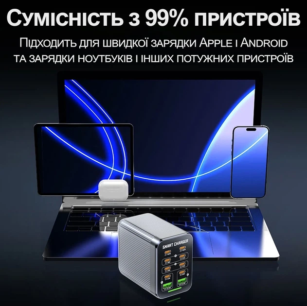 Скоростное зарядное устройство GaN 200 Вт Addap MCS-G1 PD 100 Вт QC 22,5 Вт серебристое - изображение 9