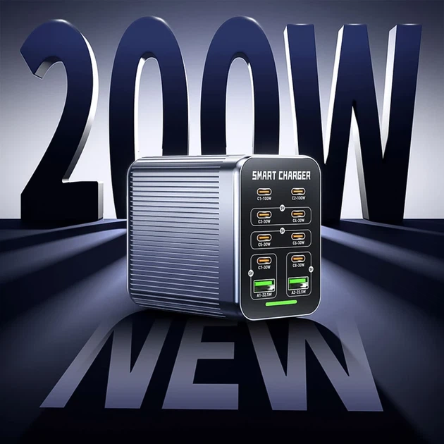 Скоростное зарядное устройство GaN 200 Вт Addap MCS-G1 PD 100 Вт QC 22,5 Вт серебристое - изображение 14