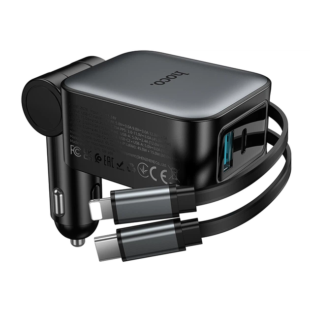 Автомобільний зарядний пристрій HOCO Z67A Triunfar PD60W(1C1A)+Type-C/iP car charger with dual telescopic cable and digital display dark Metal Gray (6942007680844) - изображение 7