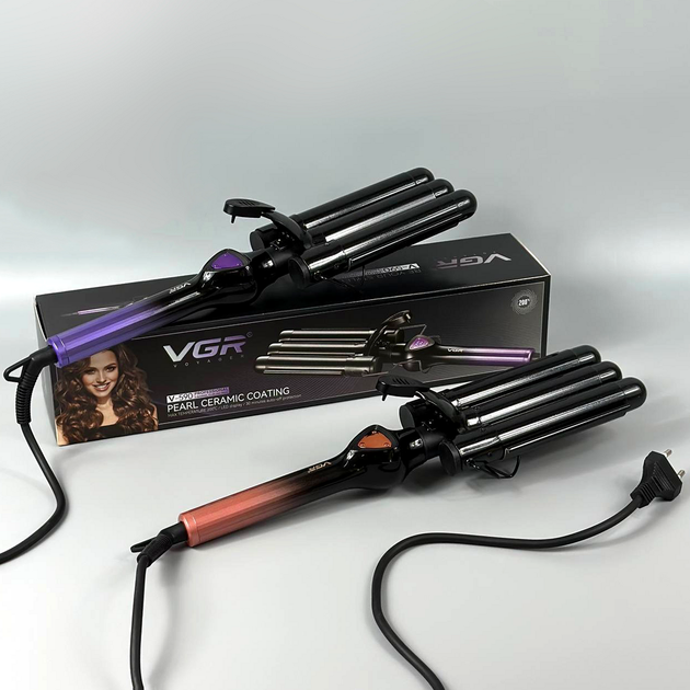 Плойка потрійна 130W керамічне покриття LED дисплей VGR V-590 Золотий - зображення 2