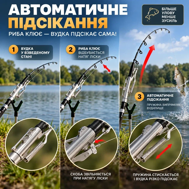 Удилище с автоподсекателем 2.1 м телескопическое с автоматическим пружинным механизмом механическим фиксатором нескользящей ручкой для рыбалки с берега - Фото 3 Удилище с автоподсекателем 2.1 м телескопическое с автоматическим пружинным механизмом механическим фиксатором нескользящей ручкой для рыбалки с берега - изображение 3