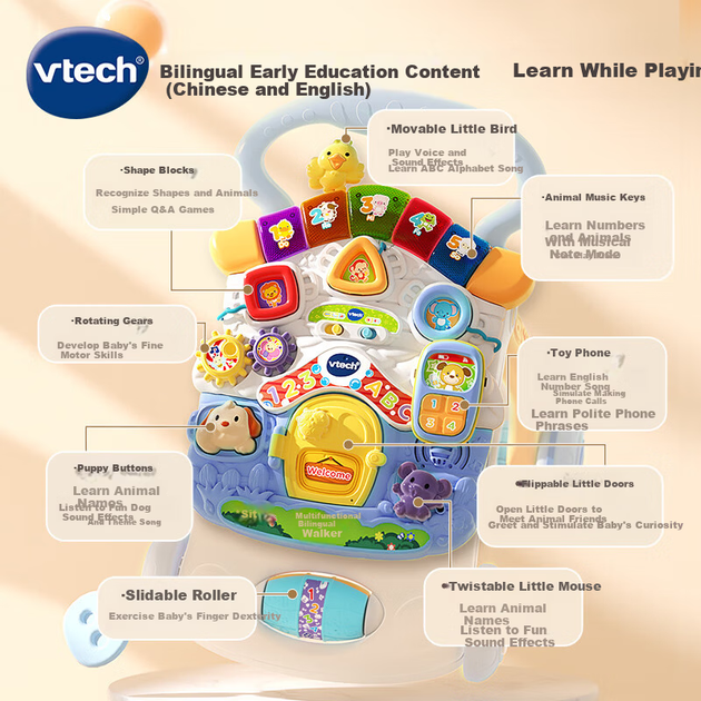 Детские ходунки Vtech, двуязычные, складные, с регулируемой скоростью, для раннего развития, для мальчиков и девочек, подарок на день рождения. - изображение 3