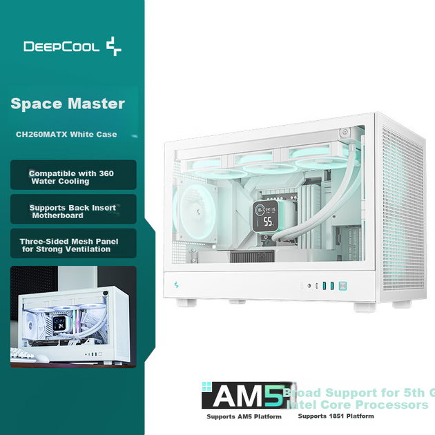 Корпус для комп'ютера DEEPCOOL CH260, білий, підтримує материнські плати M-ATX для заднього монтажу, підтримує водяне охолодження 360 мм, блок живлення ATX, сумісний з відеокартами 388 мм, порт Type-C - зображення 4