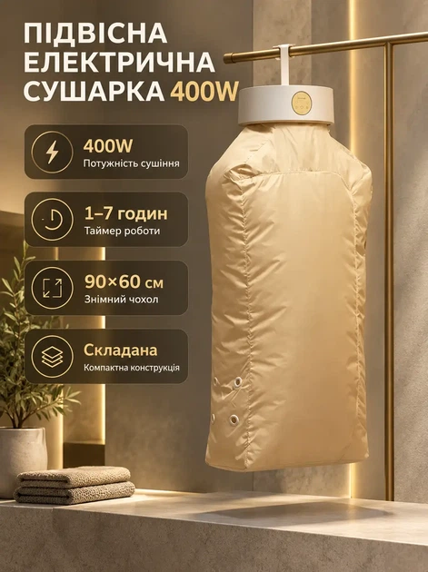 Сушилка для белья электрическая подвесная 400 Вт портативная складная для одежды с чехлом 90х60 см таймером 1 7 часов теплым воздухом автоматическим отключением защитой от перегрева - Фото 1 Сушилка для белья электрическая подвесная 400 Вт портативная складная для одежды с чехлом 90х60 см таймером 1 7 часов теплым воздухом автоматическим отключением защитой от перегрева - изображение 1