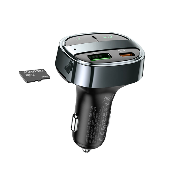 FM модулятор автомобильное зарядное устройство быстрая зарядка 30W 2USB Type-C Hoco E70 серый - изображение 6