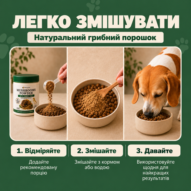 Добавка для поддержки иммунитета собак Petcarex – грибной порошок из 11 видов грибов для поддержки пищеварения, общего самочувствия и жизненного тонуса, трутовик разноцветный, рейши, ежовик гребенчатый, вкус бекона, 60 г, 60 порций - изображение 7