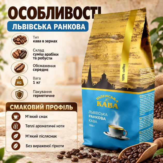 Зерновой кофе Виденский кофе Львовская утренняя 1000 г арабика робуста средняя обжарка мягкий аромат без горечи карамельные шоколадные фруктовые ноты для кофеварки кофемашины - изображение 2