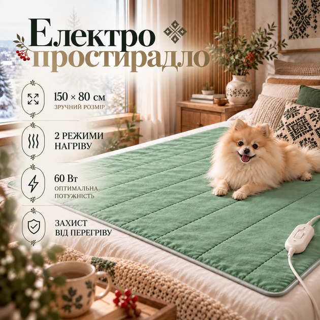 Электропростынь с подогревом 120×160 см зеленая, 2 режима нагрева, байковая электрическая простынь с проводным переключателем 220 В - Фото 1 Электропростынь с подогревом 120×160 см зеленая, 2 режима нагрева, байковая электрическая простынь с проводным переключателем 220 В - изображение 1