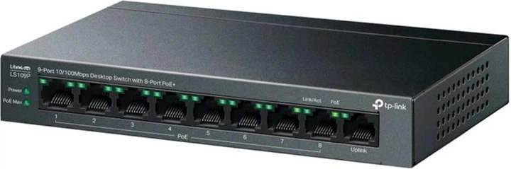 Комутатор TP-Link LiteWave LS109P, Black, 9xRJ45 (1х10/100 Mb/s, 8x10/100 Mb/s PoE+), некерований - Фото 3 Комутатор TP-Link LiteWave LS109P, Black, 9xRJ45 (1х10/100 Mb/s, 8x10/100 Mb/s PoE+), некерований - изображение 3
