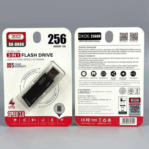 USB-флешка 256Gb 3в1 USB3.0 Lightning Micro для зберігання інформації XO DK06 - Фото 1 USB-флешка 256Gb 3в1 USB3.0 Lightning Micro для зберігання інформації XO DK06 - зображення 1