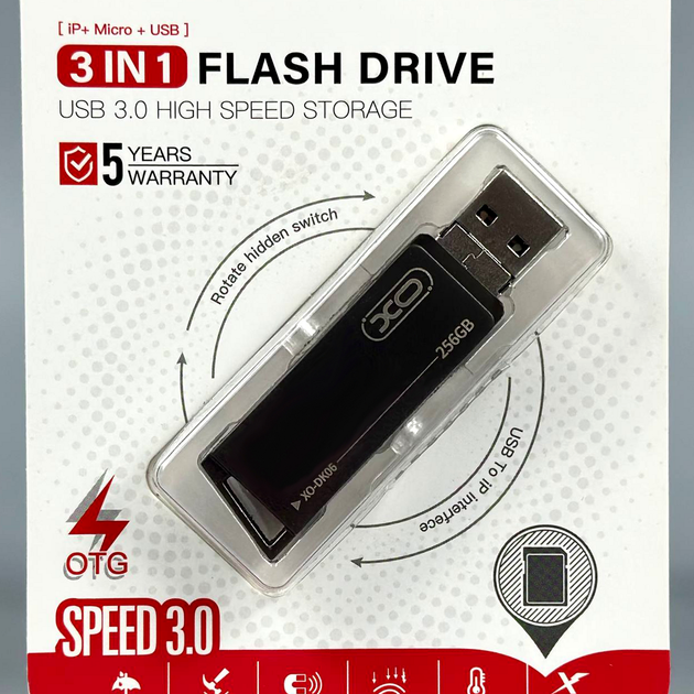 USB-флешка 256Gb 3в1 USB3.0 Lightning Micro для зберігання інформації XO DK06 - Фото 2 USB-флешка 256Gb 3в1 USB3.0 Lightning Micro для зберігання інформації XO DK06 - зображення 2