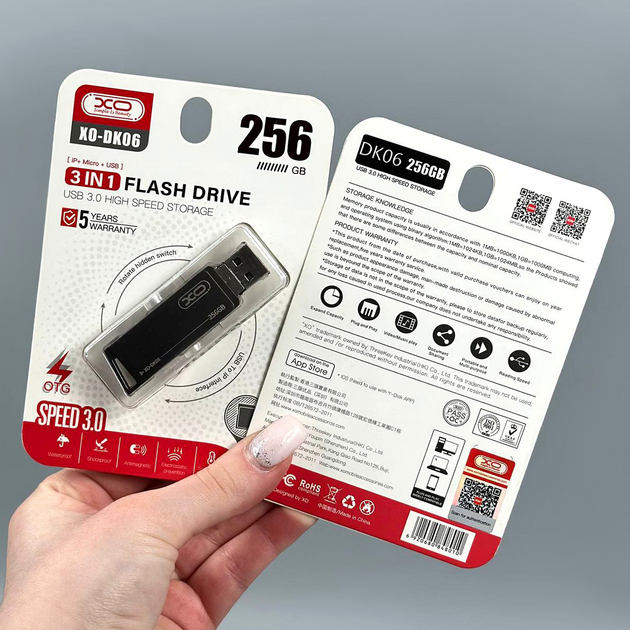 USB-флешка 256Gb 3в1 USB3.0 Lightning Micro для зберігання інформації XO DK06 - Фото 3 USB-флешка 256Gb 3в1 USB3.0 Lightning Micro для зберігання інформації XO DK06 - зображення 3