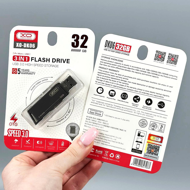 USB-флешка 32 Гб 3в1 USB Lightning Micro швидкість XO DK06 - зображення 3